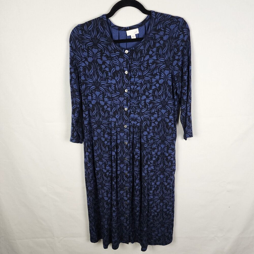 J Jill Dress Womens XS Blue Floral 3/4 Length Sleeve Button Front Stretch
